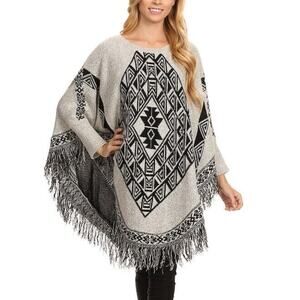 Nema Avenue Womens Poncho Sweater Fringe Aztec Tribal Southwestern OS Western